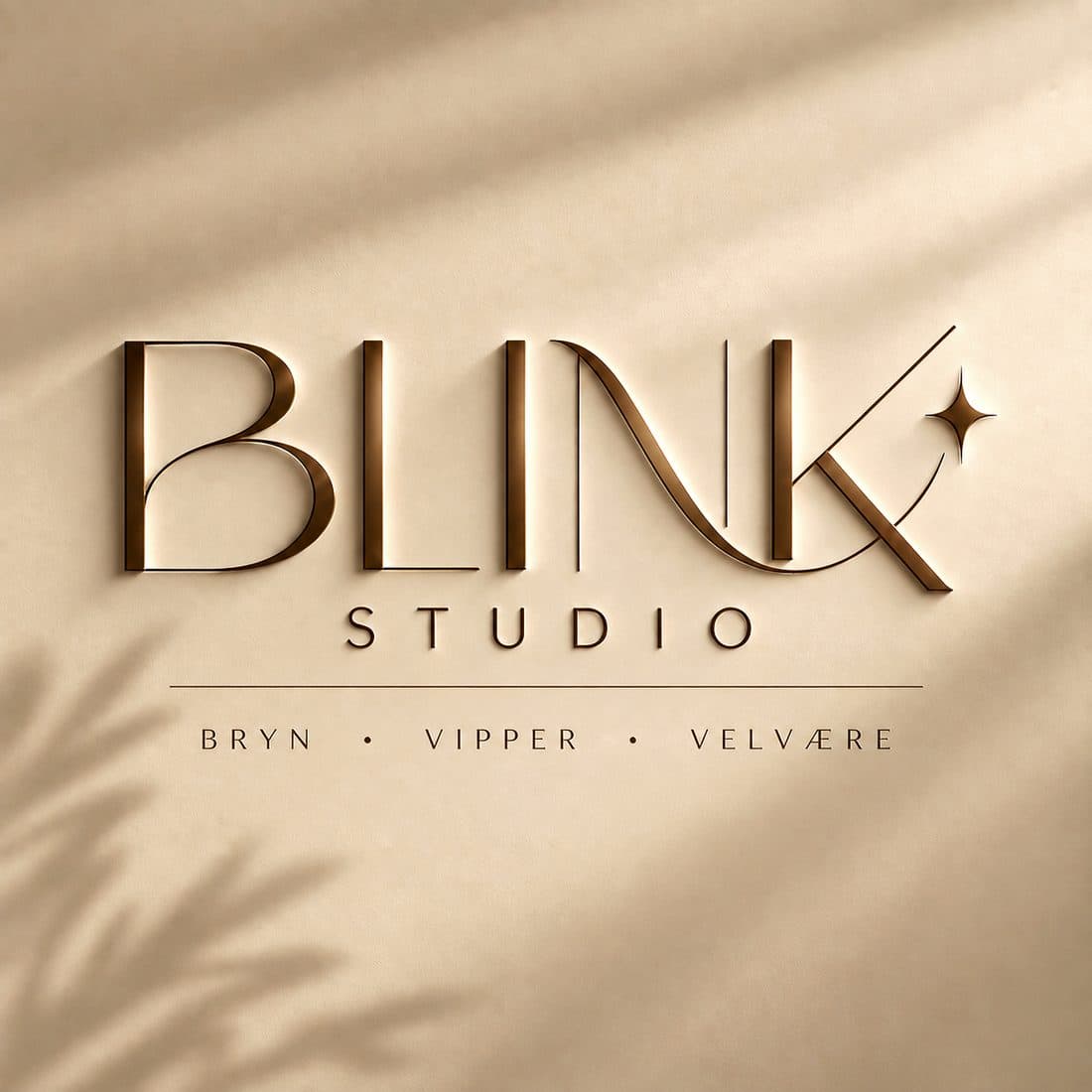 BLINK studio-logoen prega i ein beige vegg med mjuke bladskuggar